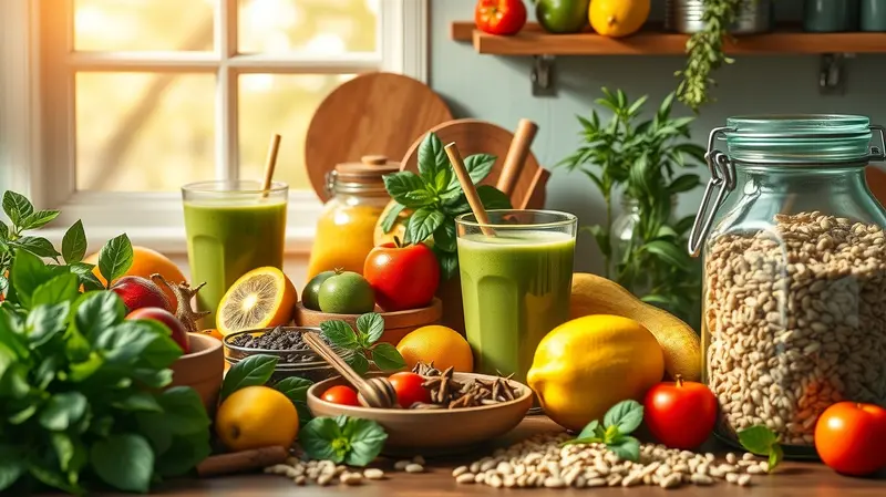 Natural ingredients and tools for weight loss remedies on a wooden surface