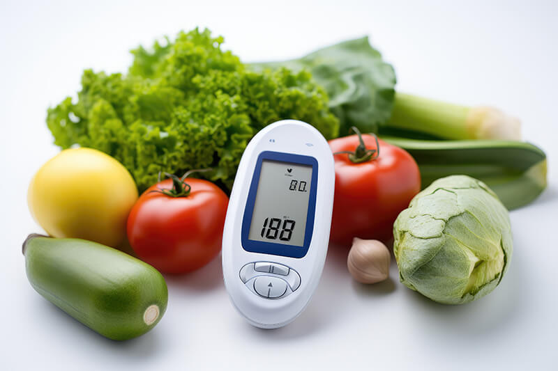 Digital thermometer surrounded by fresh vegetables